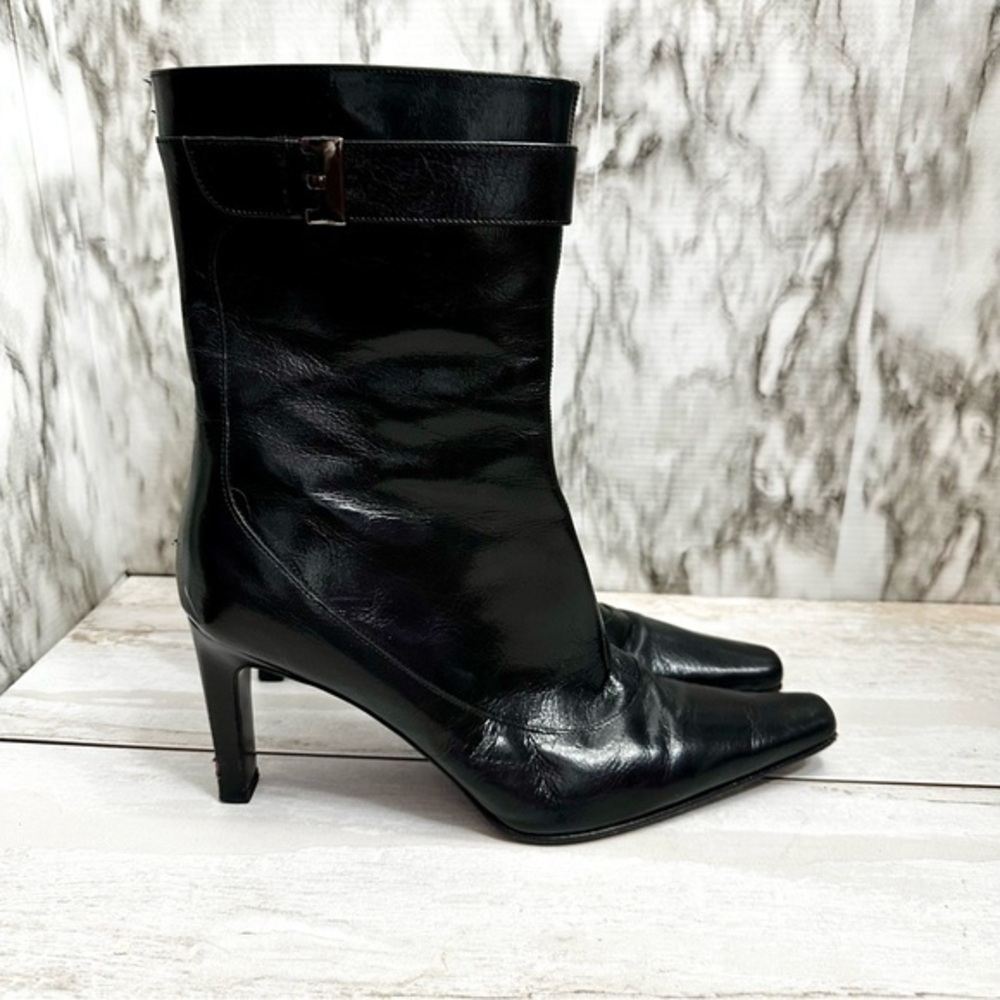 Paloma Women Sz 10 Black Leather  Stiletto Heel Boots Square Toe Sexy Whimsygoth